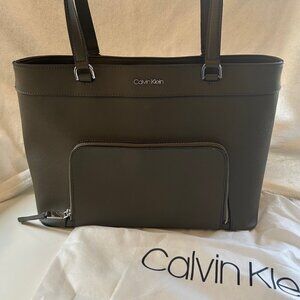 CALVIN KLEIN Louise Saffiano Leather Olive Green Tote Bag